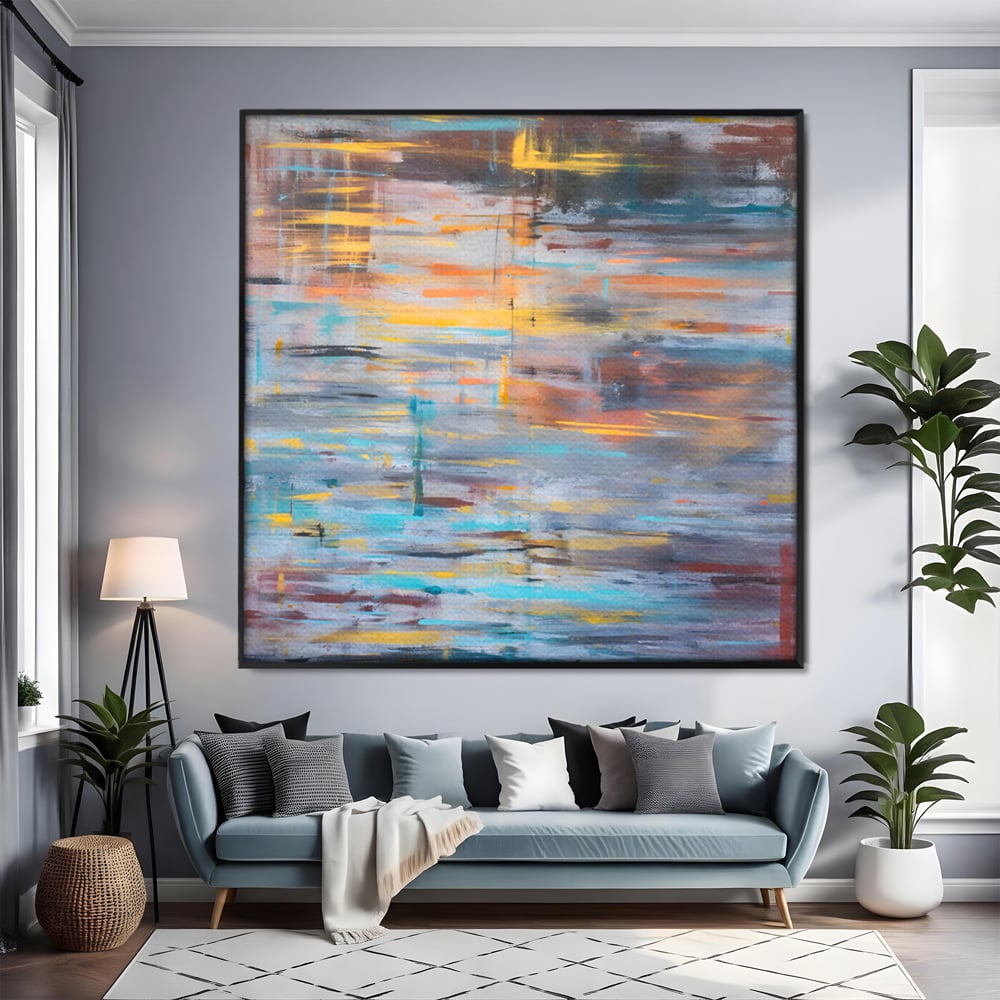 Tablou canvas cu tablou canvas cu reflexii pe apa, in rama de aluminiu negru, pe perete intr-un living